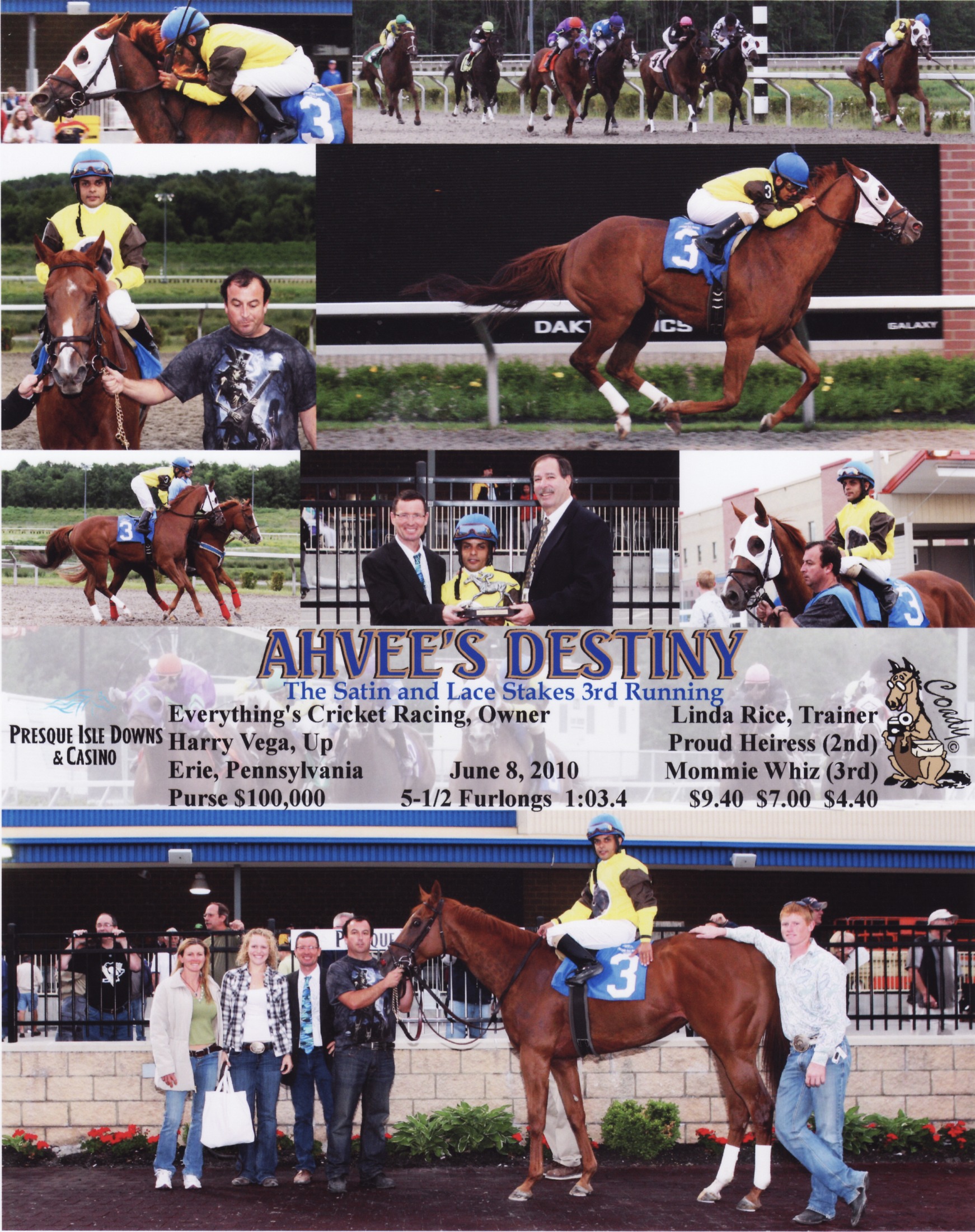 On September 2, 2007, Ahvee’s Destiny won her third race (second in a row) on Saratoga’s grass course by three lengths—just a fraction off the track record. Since the Freedberg’s were in Scotland, they saw the result on TV in the lobby of The Gleneagles Hotel. Trainer Linda Rice, her staff, and jockey, Alan Garcia are in the winner’s circle.