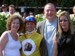 Avram C. Freedberg , his wife Rhoda, trainer Linda Rice and jockey, Eibar Coa in the Winner's Circle, Saratoga Races, August 2007. Note Cricket’s image on the front of the jockey silks.